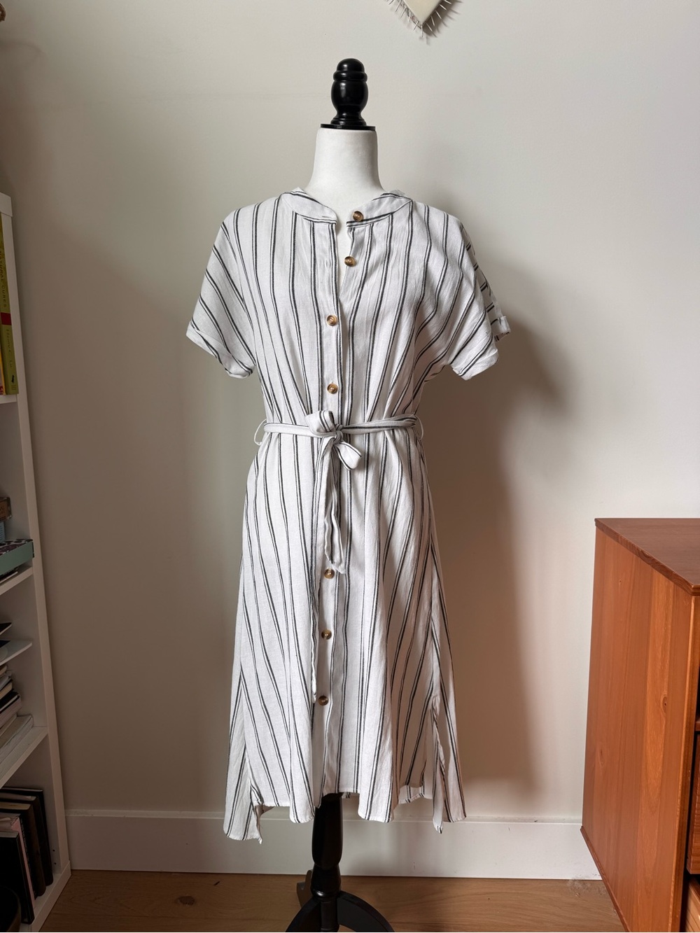 Papillon White & Black Striped Linen Blend Button-Front Midi Dress | Medium